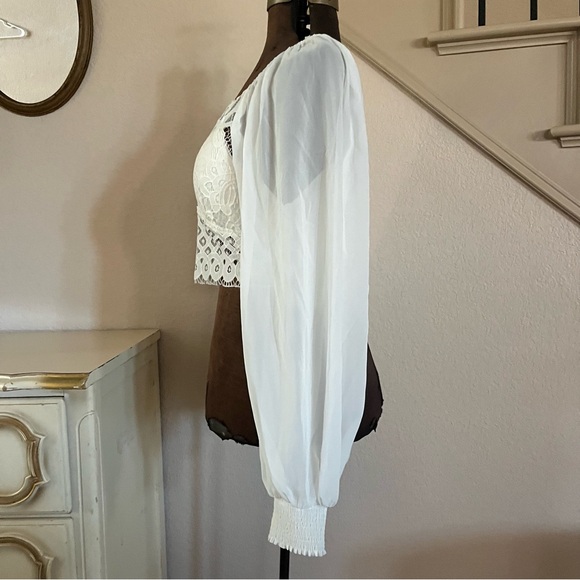 Flying Tomato Size XL White Crop Top Lace Balloon Sleeve Smocked Festival Pirate - Picture 9 of 12